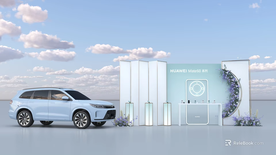Commercial Exhibition Equipment Displaying HUAWEI MANGO M9 White Vehicle With Purple Flowers And Clouds 3d model 