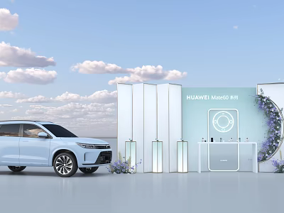 Commercial Exhibition Equipment Displaying HUAWEI MANGO M9 White Vehicle With Purple Flowers And Clouds 3d model