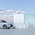 Commercial Exhibition Equipment Displaying HUAWEI MANGO M9 White Vehicle With Purple Flowers And Clouds