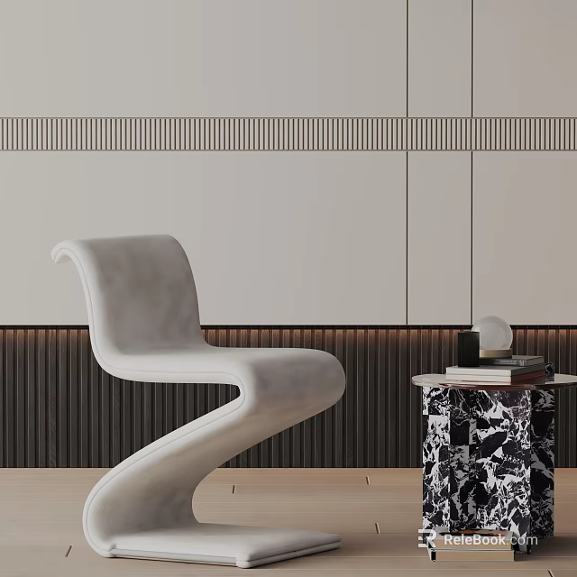 Modern Curved White Velvet Lounge Chair In Light Gray Striped Interior With Marble Side Table 3d model 