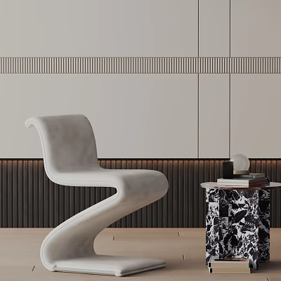 Modern Curved White Velvet Lounge Chair In Light Gray Striped Interior With Marble Side Table 3d model