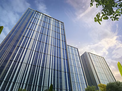 Modern High Rise Office Building Featuring Glass Curtain Wall Blue Sky White Clouds And Greenery 3d model