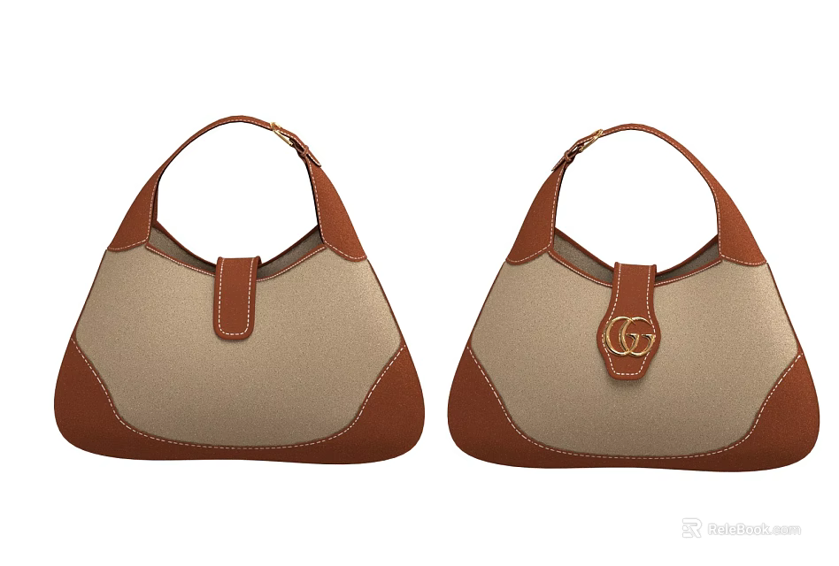 Beige And Brown Canvas Handbags With Top Handles And Gold GG Logo 3d model 