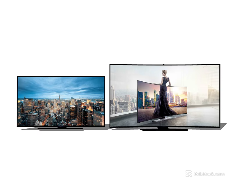 Modern Ultra Thin Televisions Showing City Skyline And Figure With Clear Display Screen 3d model 