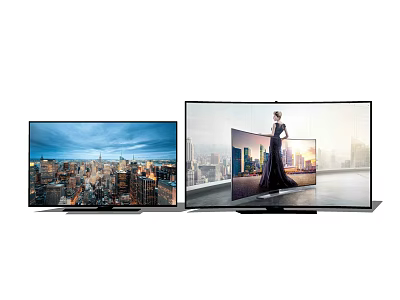 Modern Ultra Thin Televisions Showing City Skyline And Figure With Clear Display Screen 3d model