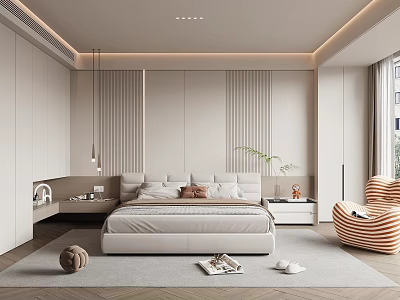 Modern Minimalist Bedroom Interior With Bed Nightstands Plants Accent Chair And Natural Light 3d model