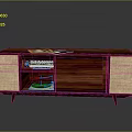 Wooden TV Stand With Woven Side Panels Open Storage Vinyl Record Player And Magazines