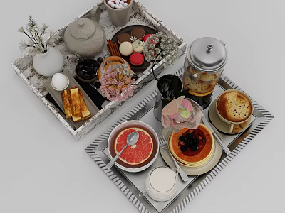 Elegant Food Platter Featuring Waffles Grapefruit Cake Coffee Macarons And Flowers 3d model