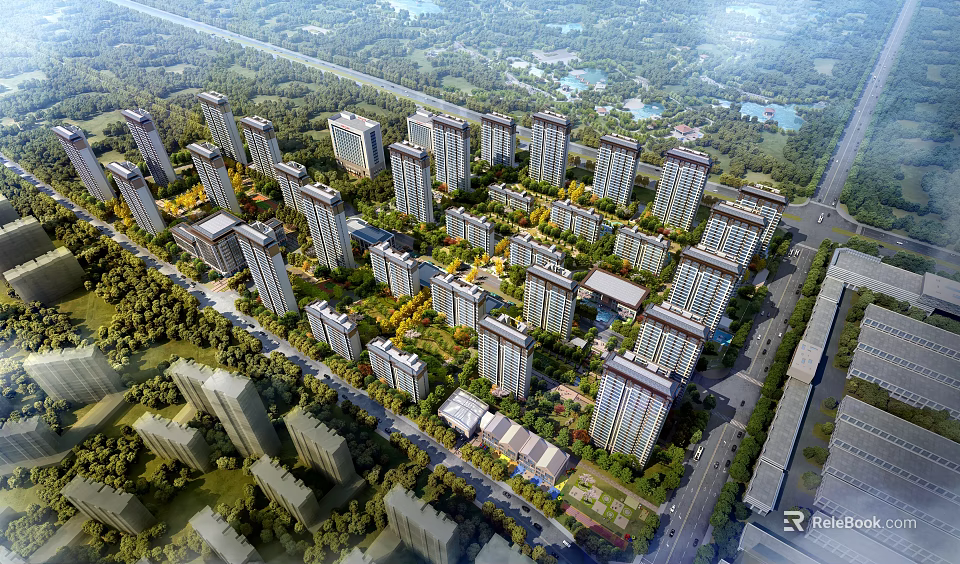 Aerial View Planning of Modern Residential Community With High Rise Buildings Greenery and Roads 3d model 