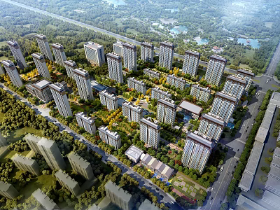 Aerial View Planning of Modern Residential Community With High Rise Buildings Greenery and Roads 3d model