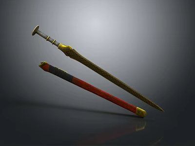 Antique Decorative Swords Featuring Red Black Sheath And Golden Intricate Blade Design 3d model