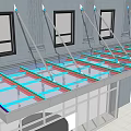 Modern Building Entrance Awning With Metal Frame And Colorful Beams Over Glass Doors