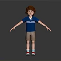 3D Boy Character With Brown Hair Blue Striped Polo Brown Shorts Red Socks Outstretched Arms