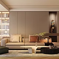 Modern Living Room Interior With Marble Accent Wall TV Screen Coffee Tables And Green Plants