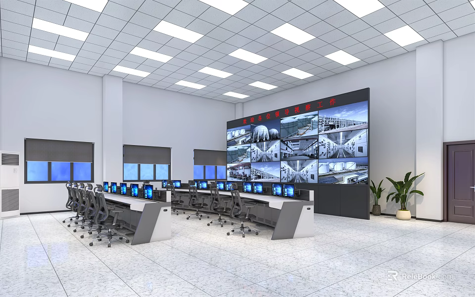 Modern Monitoring Room Interior With Large Screen Multiple Monitoring Screens Control Desks And Chairs 3d model 