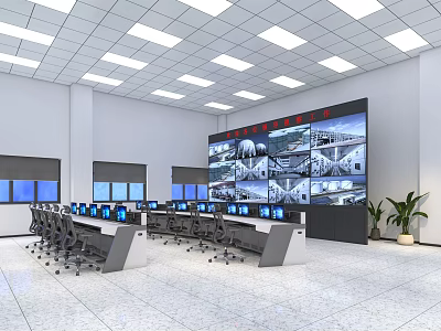 Modern Monitoring Room Interior With Large Screen Multiple Monitoring Screens Control Desks And Chairs 3d model