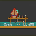 Scenic Waterfront View With Red Cottage Green Roof Wooden Platform And Blue Floating Elements