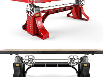 Red And Black Dining Table With Metal Frame Gear Wheels And Wooden Tabletop 3d model