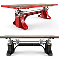 Red And Black Dining Table With Metal Frame Gear Wheels And Wooden Tabletop
