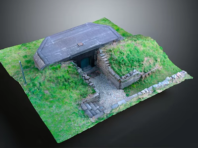 Bunker Entrance Gate With Grey Roof Green Grass Stone Wall And Pathway 3d model