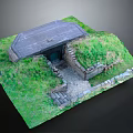 Bunker Entrance Gate With Grey Roof Green Grass Stone Wall And Pathway