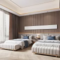 Modern Hotel Guest Room With Twin Beds Wooden Striped Walls Long Artwork And Upholstered Benches