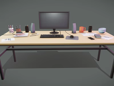 Functional Office Desk Setup With Monitor Keyboard Mouse Stationery Documents Mobile Phone And Speakers 3d model