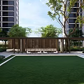 Commercial Landscape Design with High Rise Buildings Central Green Courtyard Swimming Pool and Lush Vegetation