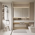 Modern Bathroom Interior Design With Shower Fixture Mirror Cabinet Vanity Toilet And Decorative Items
