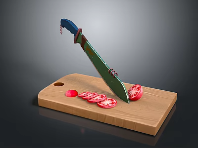 Wooden Cutting Board With Sharp Knife And Sliced Tomatoes For Kitchen Use 3d model