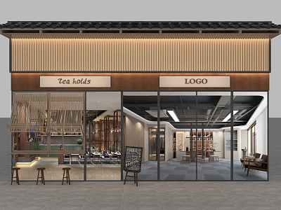 Traditional Tea House Exterior With Wooden Structure Glass Windows And Signboard 3d model