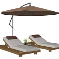 Outdoor Wooden Lounge Chairs With White Cushions Brown Headrests And Patio Umbrella