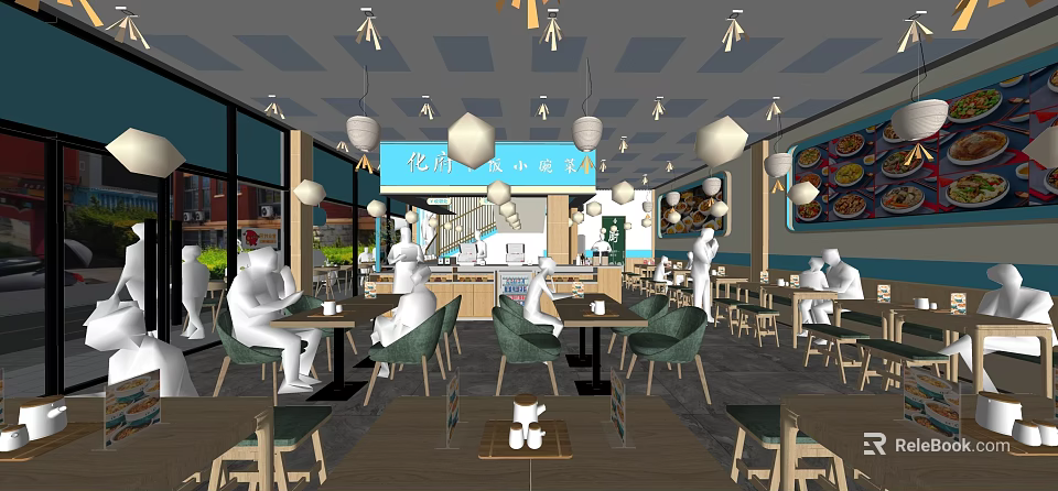 Modern Restaurant Interior With Blue Walls Green Chairs Wooden Tables Pendant Lights And Customers Dining 3d model 