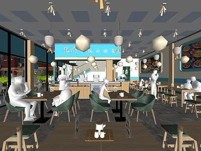 Modern Restaurant Interior With Blue Walls Green Chairs Wooden Tables Pendant Lights And Customers Dining 3d model