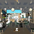 Modern Restaurant Interior With Blue Walls Green Chairs Wooden Tables Pendant Lights And Customers Dining