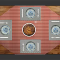 Wooden Dining Table With Red White Checkered Tablecloth And Blue Pattern Placemats