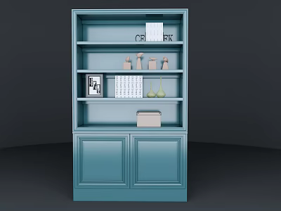 Teal Bookcase With Multiple Shelves Decorative Items Calendar And Photo Frame 3d model