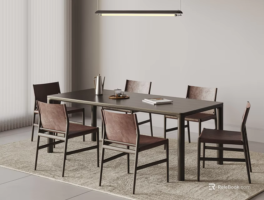 Modern Minimalist Rectangular Dining Table and Brown Upholstered Chairs in Dining Area with Pendant Light 3d model