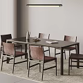 Modern Minimalist Rectangular Dining Table and Brown Upholstered Chairs in Dining Area with Pendant Light 3d model