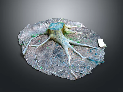 Rustic Wooden Tree Stump Decor With Natural Stone Base And Exposed Roots Design 3d model