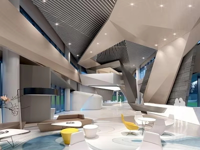 Modern Lobby Front Desk Reception Interior With Stylish Furniture And Ceiling Design 3d model