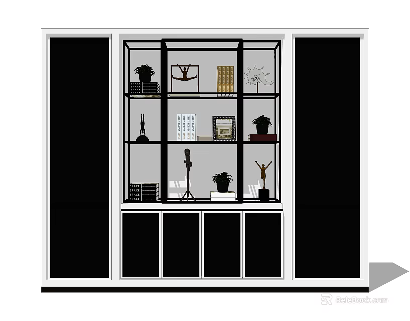 Modern Stylish Glass Door Bookcase With Books Decorative Items And Plants 3d model 