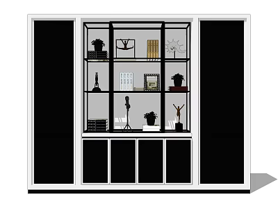 Modern Stylish Glass Door Bookcase With Books Decorative Items And Plants 3d model
