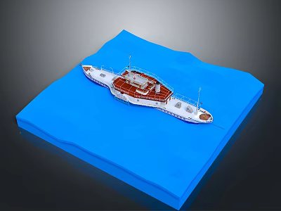 Scale Model Wooden Boat With White Hull Brown Deck On Blue Water Surface 3d model