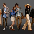 Group of People Walking in Casual Outfits With Coats Hats and Backpacks on Gray Background