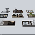 Various Stylish Decorated Trays With Tableware Tea Sets And Food Items