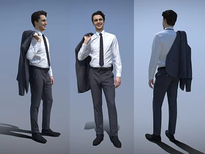 Man in White Shirt Black Tie Gray Pants Holding Suit Jacket from Different Angles 3d model