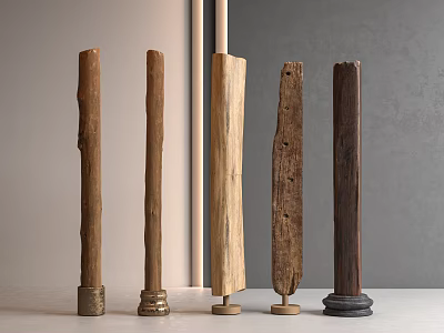 Wooden Decorative Pillars With Various Shapes And Different Bases Against Light Gray Walls 3d model