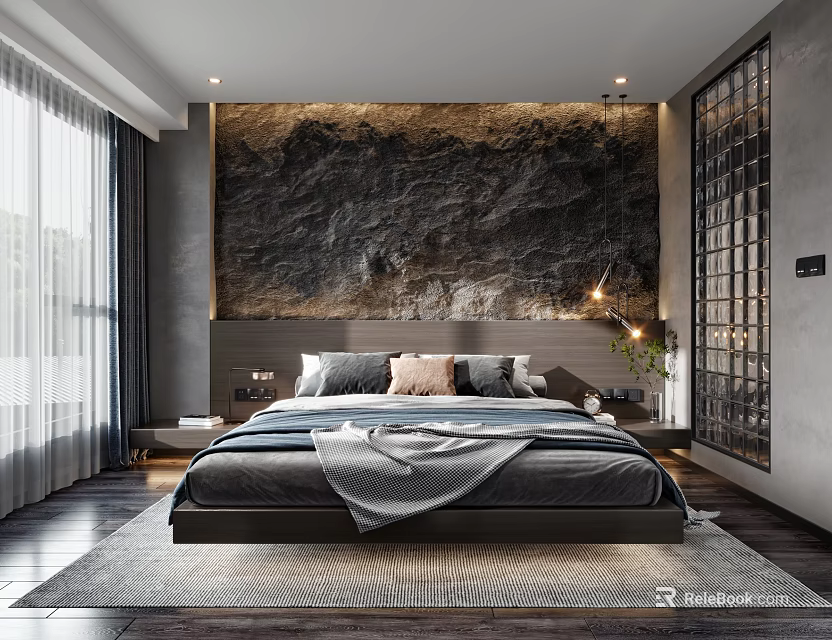 Modern Bedroom Interior With Textured Accent Wall Platform Bed Plush Pillows And Area Rug 3d model 