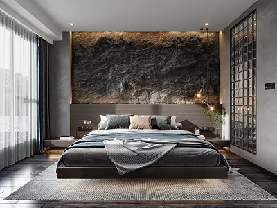 Modern Bedroom Interior With Textured Accent Wall Platform Bed Plush Pillows And Area Rug 3d model